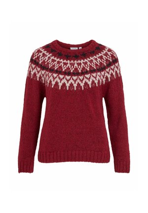 Sarkans adīts džemperis ar garām piedurknēm, apaļu kaklu un rakstainu jokus, kurā redzami balti un melni ģeometriski dizaini. Mīksta tekstūra.