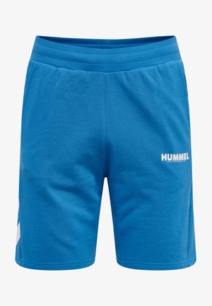 Shorts d'entraînement en coton bleu avec une taille élastique et un logo blanc sur la jambe gauche. Texture lisse, longueur jusqu'au genou, coupe simple.