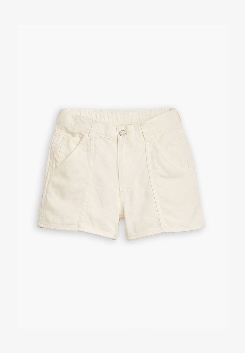 Valged teksashortsid kõrge vöökoht, elastne kummivöö ja kaks eesmist taskut, millel on puhtad joonejooned ja minimalistlik disain.