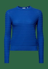 Pull en tricot bleu roi à manches longues avec motif carré texturé et poignets et ourlet côtelés, présenté sur un fond vert foncé.