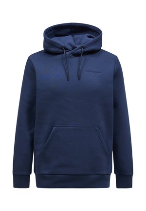 Mörkblå huvtröja med känguruficka, justerbar dragsko och ribbade muddar och nederkant. Har diskret logotyp över bröstet.