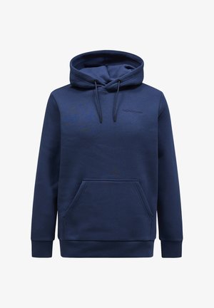 Navy blue hooded sweatshirt with a kangaroo pocket, drawstring adjuster, and ribbed cuffs and hem. Features subtle branding across the chest.