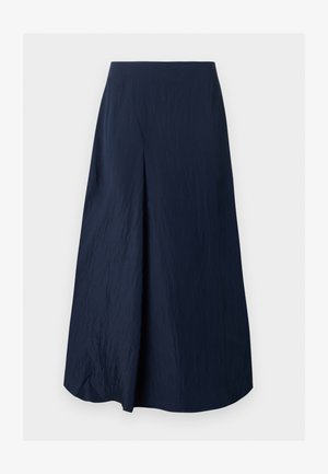 Σκούρο μπλε midi φούστα με ψηλή μέση, ελαφρώς σε σχήμα A και διακριτικό υφασμάτινο ύφασμα.
