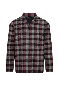 Skjorte med knaplukning, prydet med et mønster i sort, rød og grå plaid, med krave og lange ærmer, fremstillet af et tekstureret stof.