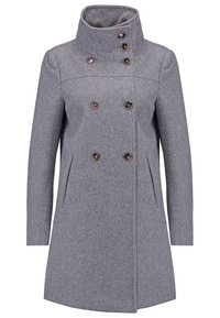 Cappotto di lana grigia con alto colletto, design doppiopetto, quattro bottoni decorativi e due tasche laterali per la praticità.