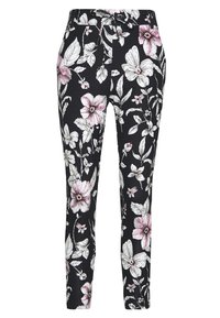 Blommiga byxor i svart, med stora rosa och vita blommor samt gröna blad, med en slank, avsmalnande passform och elastisk midja.