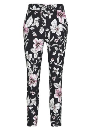 Kwiatowe spodnie w kolorze czarnym, z dużymi różowymi i białymi kwiatami oraz zielonymi liśćmi, o eleganckim, zwężanym kroju i elastycznej talii.