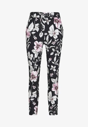 Květinové kalhoty v černé barvě, zdobené velkými růžovými a bílými květinami a zelenými listy, s elegantním tapered střihem a elastickým pasem.