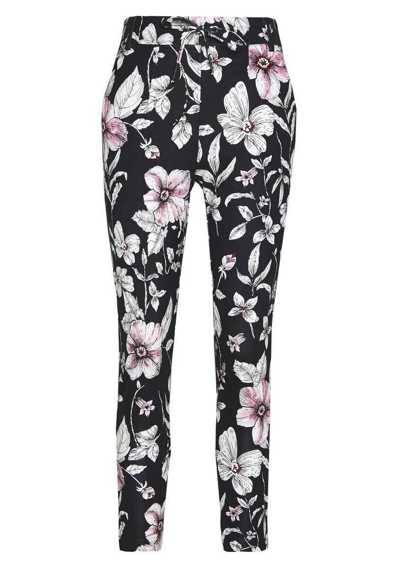 Blommiga byxor i svart, med stora rosa och vita blommor samt gröna blad, med en slank, avsmalnande passform och elastisk midja.