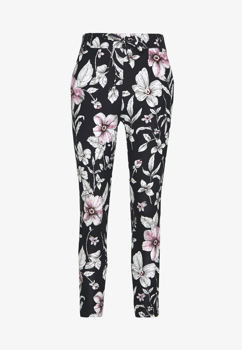 Blommiga byxor i svart, med stora rosa och vita blommor samt gröna blad, med en slank, avsmalnande passform och elastisk midja.