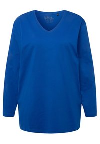 T-shirt bleu à manches longues et décolleté en V, fabriqué en tissu coton lisse ; présente une coupe ample et un ourlet droit ; sans motifs ni matériaux visibles.