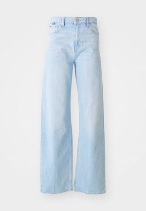 Light blue wide-leg jeans made from denim, featuring a high waist, front pockets, a button closure, and stitched hem detailing.