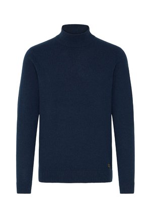 Granatowy sweter typu golf wykonanego z miękkiej dzianiny. Posiada długie rękawy, ściągacze przy mankietach i u dołu. Dyskretny akcent z logo na dole.