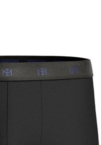 Black boxer briefs feature a grey waistband with a navy logo and textured accents, designed for comfort with a smooth fabric finish.