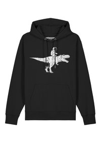 Zwarte hoodie met een witte afbeelding van een T-Rex waarop een astronaut zit. Inclusief een voorzak en een capuchon met koord.