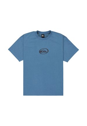Blue cotton t-shirt, short sleeves, crew neck, featuring a dark logo design in the center. Soft texture, relaxed fit, minimalistic style.