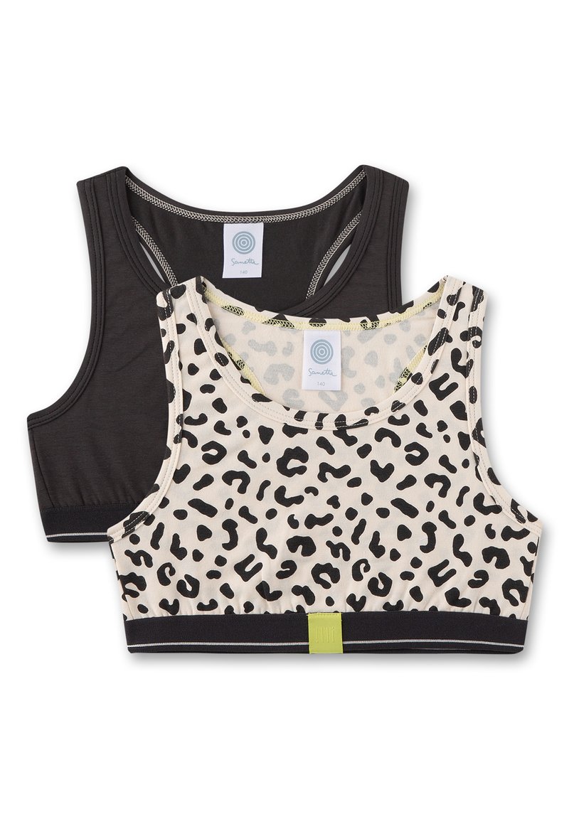 Zwei Crop-Tops: eines in Schwarz, das andere in Creme mit schwarzen Leopardenflecken. Beide haben runde Ausschnitte und elastische Bänder mit kontrastierenden Akzenten.