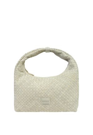 Borsa a tracolla in pelle beige intrecciata con manico morbido e arrotondato e piccola toppa rettangolare del marchio sul davanti.
