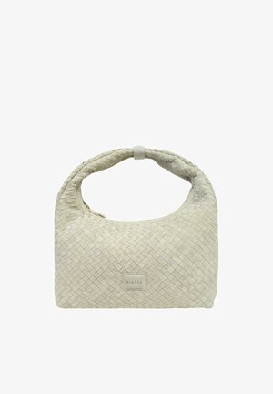 Borsa a tracolla in pelle beige intrecciata con manico morbido e arrotondato e piccola toppa rettangolare del marchio sul davanti.