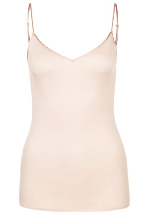 Lichtroze camisole met dunne verstelbare bandjes, V-hals en gladde, rekbare stof. Eenvoudig ontwerp zonder patronen of versieringen.
