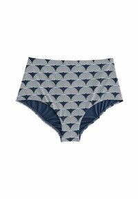 Fustă de bikini cu talie înaltă, de culoare bleumarin, cu un model alb în formă de evantai. Material moale, margini fără cusături și un finisaj neted pentru confort și stil.