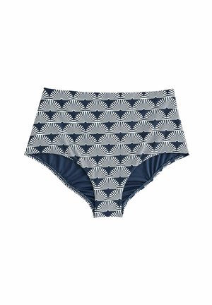 Högmidjad bikinitrosa i marinblått med vit fläktmönster. Mjuk tygkvalitet, sömlösa kanter och en slät finish för komfort och stil.