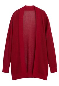 Cardigan en maille rouge ouvert à l'avant, avec des manches longues et des poignets, un ourlet et un col côtelés.
