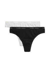 Dos pares de ropa interior de mujer: uno negro y otro blanco, ambos con tejido suave, diseño de tanga y cinturillas de marca en colores contrastantes.