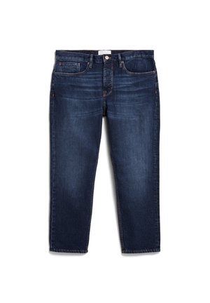 Donkerblauwe denim jeans met een rechte snit, vijf zakken, zichtbare stiksels en een knoopsluiting aan de voorkant.