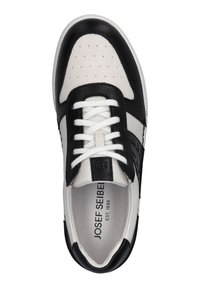 Black and white leather sneaker with perforated details, round toe, white laces, and a cushioned insole. Brand logo printed inside.