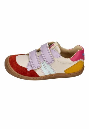Low-top casual shoe with beige base, red suede toe, purple Velcro straps, yellow heel patch, pink back, and brown rubber sole.