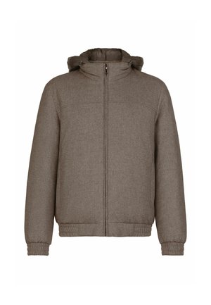 Braune gesteppten Jacke mit durchgehendem Reißverschluss, hohem Kragen und Kapuze. Elastische Bündchen und Saum sorgen für einen snug fit. Das Material hat eine strukturierte Oberfläche.