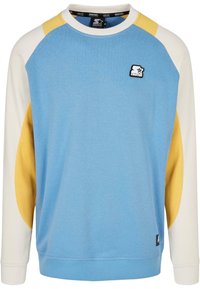 Felpa a maniche lunghe con scollo rotondo, corpo azzurro chiaro, maniche avorio, toppe gialle sui gomiti e logo Starter sul petto.