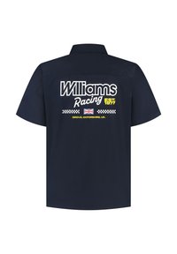 Granatowa koszulka z krótkim rękawem z białym i żółtym logo "Williams Racing", detal w szachownicę i napis "Grove, Oxfordshire, UK" z tyłu.