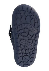 Barfußschuhsohle aus Gummi, mit einer strukturierten geometrischen Profil. Dunkelblaue Farbe mit geprägten Marken- und Größenangaben.