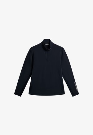 Black long-sleeve active shirt with a quarter zipper, lightweight fabric, and a logo printed in white along the left sleeve. Smooth texture.