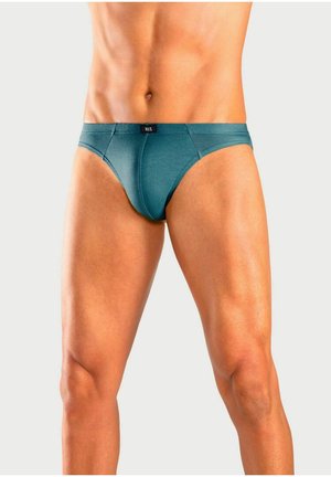 Male torso and legs wearing teal briefs with front seam detailing and a small black tag labeled "HLS" at the waistband center.