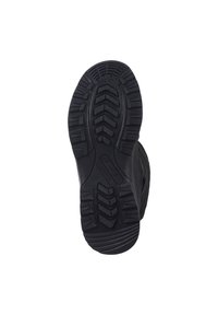 Schwarze Bootsohle mit einem robusten Profildesign für Traktion, aus strukturiertem Gummimaterial und einer gewölbten Form für Stabilität.