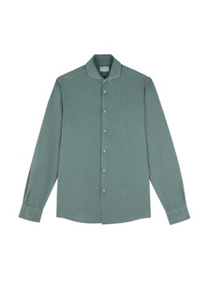 Cămașă cu mânecă lungă, cu butoane, dintr-un material verde deschis. Are un guler clasic, un tiv drept și un broderie subtilă cu logo pe piept.