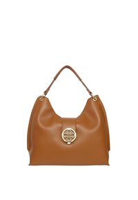 Bruin leren hobo tas met een gouden ronde embleem, zachte afgeronde vorm en een enkele handgreep aan de bovenkant voor gemakkelijk dragen.