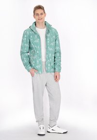 Mintgrøn jakke med hvide dyretryk, lynlås foran og hætte; sammen med lysegrå sweatpants og hvide sneakers.