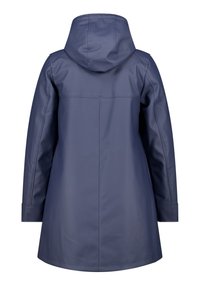 Navyblauwe waterdichte jas met capuchon, lange mouwen en een rechte snit. Heeft een naadloos ontwerp en een zachte, gladde textuur aan de achterkant.