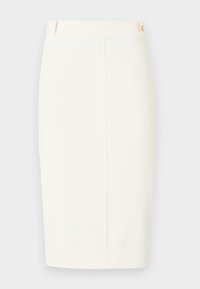 Λευκή pencil φούστα μέχρι το γόνατο με ζωνάκι στη μέση και διακριτική λεπτομέρεια ραφής στο κέντρο μπροστά.