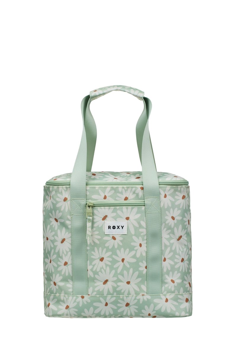 Groene geïsoleerde draagtas met bloemenpatroon, met dubbele handvatten en een voorkant met ritsvak. Kenmerkt het Roxy-logo op een wit label. Duurzaam materiaal.