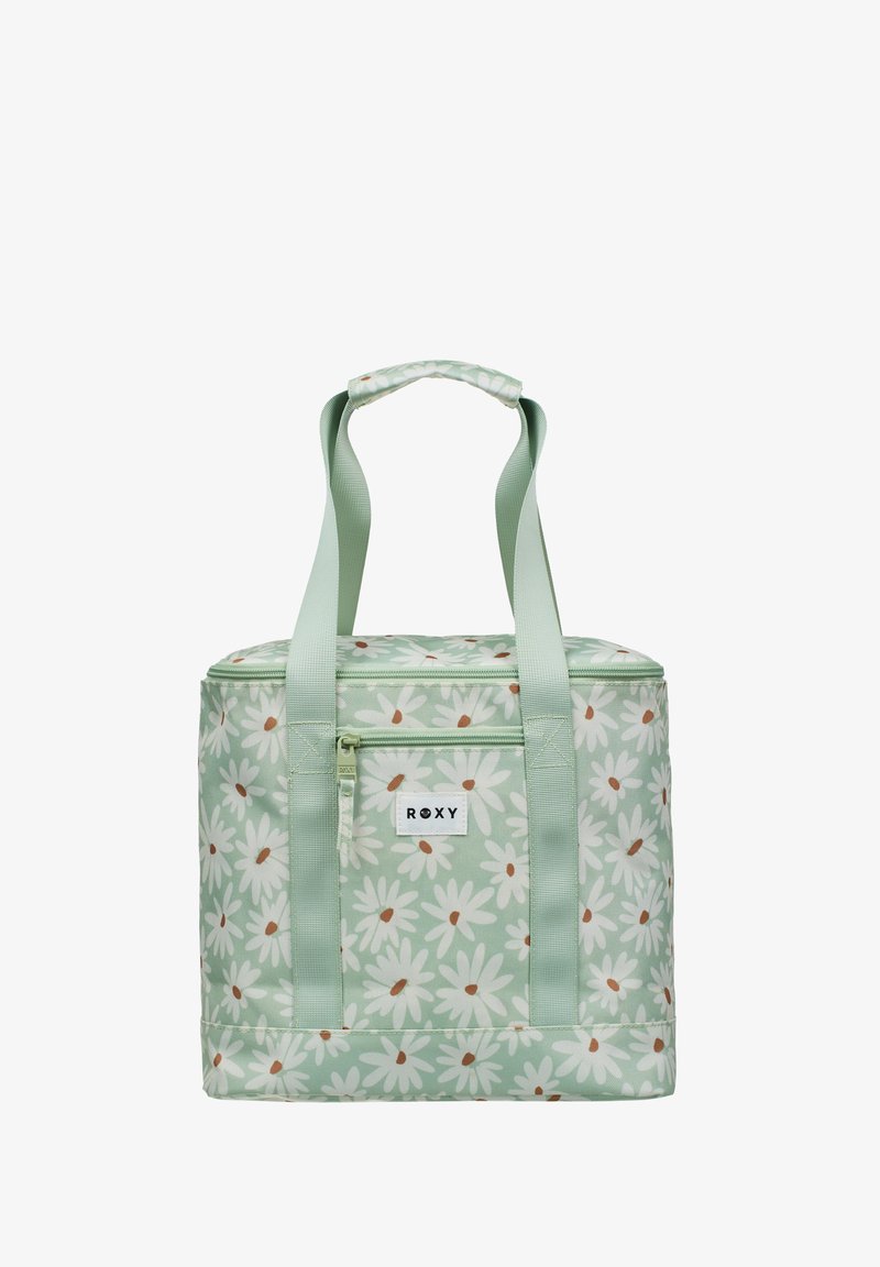 Groene geïsoleerde draagtas met bloemenpatroon, met dubbele handvatten en een voorkant met ritsvak. Kenmerkt het Roxy-logo op een wit label. Duurzaam materiaal.