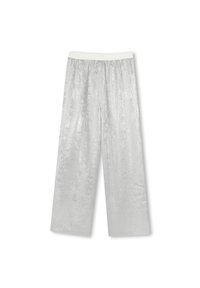 Zilveren, wijd-benige broek met een glanzende, gestructureerde stof. Elastische band aan de bovenkant. Rechte snit en enkellange ontwerp.