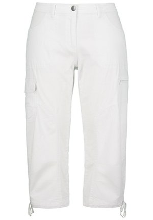 Weiße Cargo-Hosen mit geradem Bein, gefertigt aus leichtem Stoff. Mit Seitentaschen und verstellbaren Bündchen mit Kordelzügen.