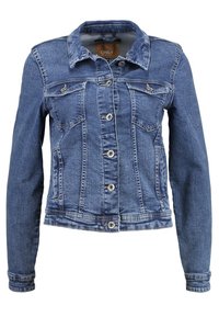 Denimjacka i medium blå med en klassisk passform. Har två bröstfickor, silverknappslås och en något sliten textur.