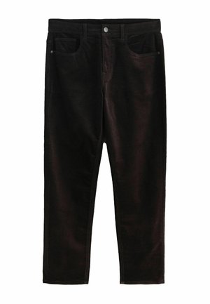 Pantaloni in corda nera con design a gamba dritta, dotati di due tasche frontali, chiusura con bottone e una finitura morbida e testurizzata.