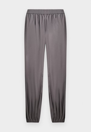 Gray elastic waist and ankle jogger pants made of lightweight fabric, shown flat on a white background.